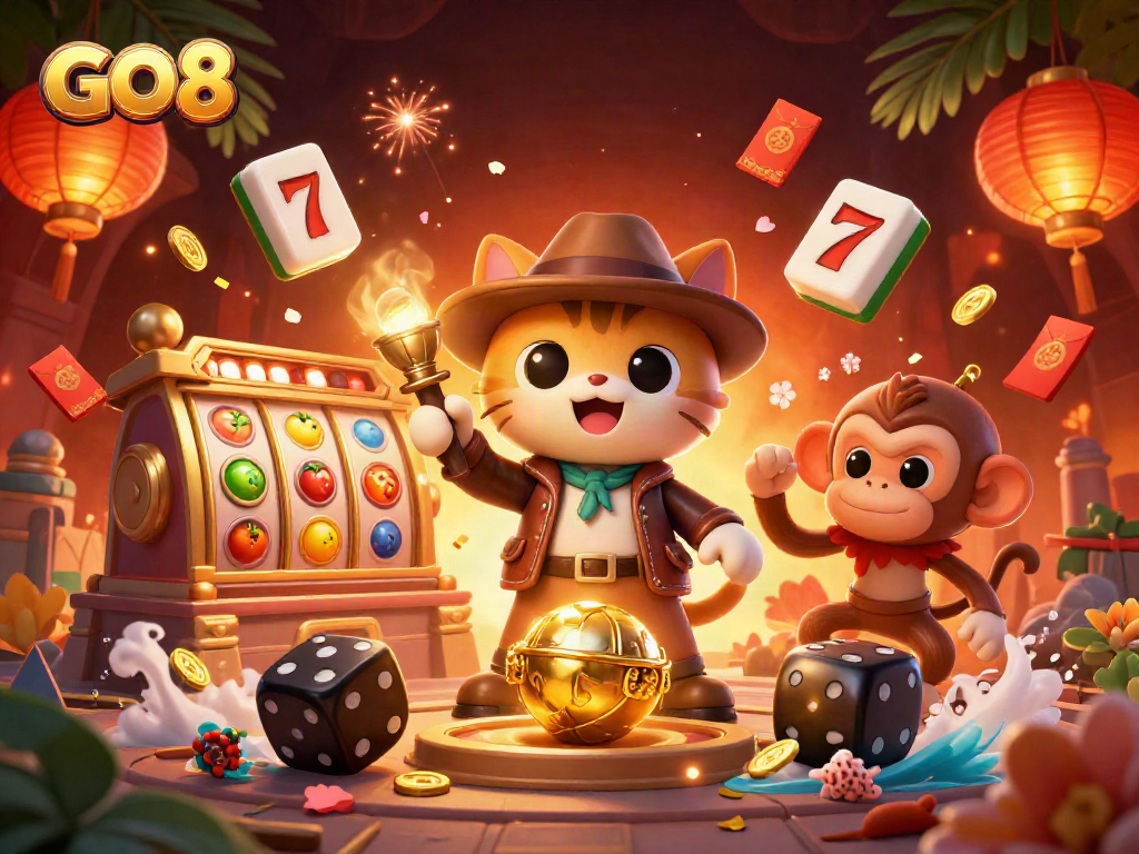 Engage with exciting gameplay at GO8 while encountering dynamic slot reels and vibrant casino artifacts!