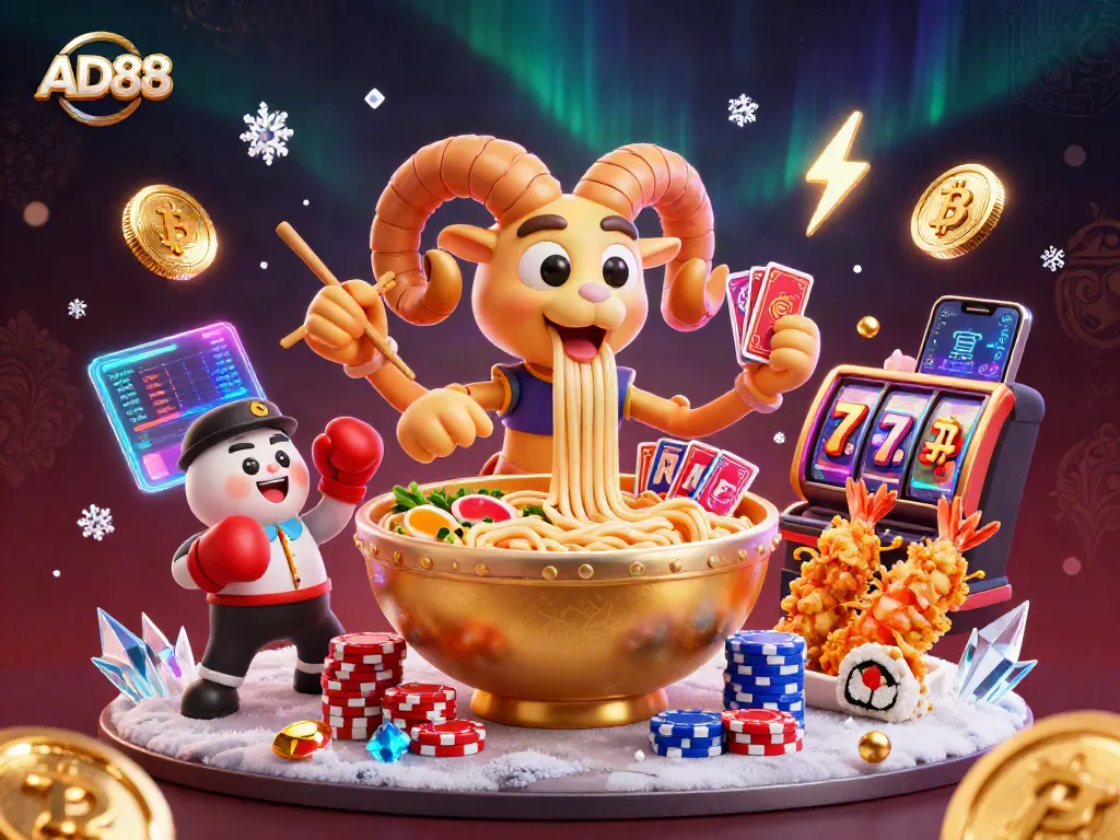Engage with AD88's casino adventure as cartoon ramen deals cards amid vibrant slot elements.