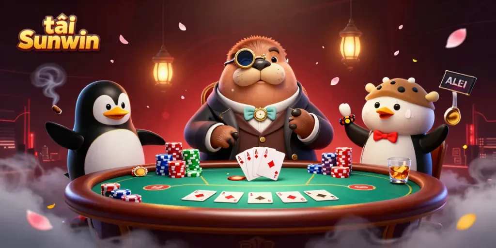 Play exciting poker at Sunwin with a jolly walrus and clever dealer in a thrilling underwater casino setting.