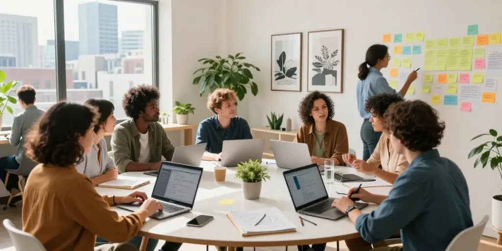 Group of professionals collaborating in a co-working space, trying new ideas.