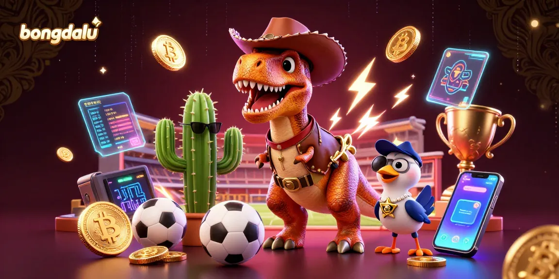 Bongdalu offers a vibrant sports betting scene with a T-Rex cowboy amidst neon coins, enhancing your betting experience.