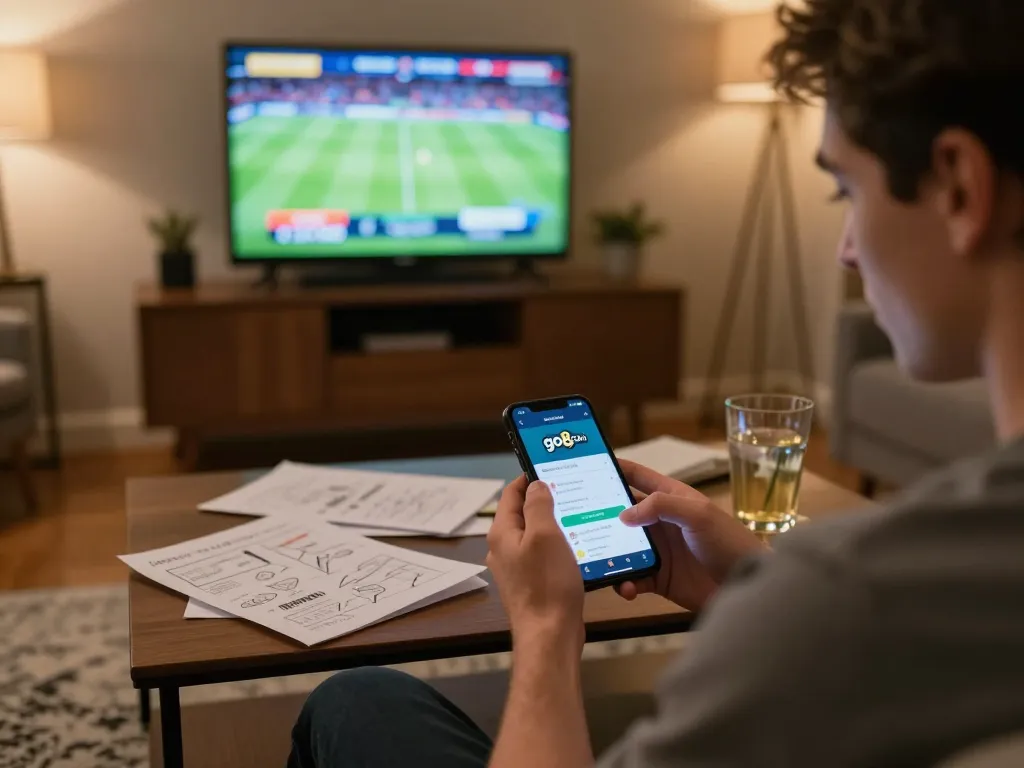 Player enjoying a thrilling game on the go8 com app in a cozy home setting with a warm atmosphere.