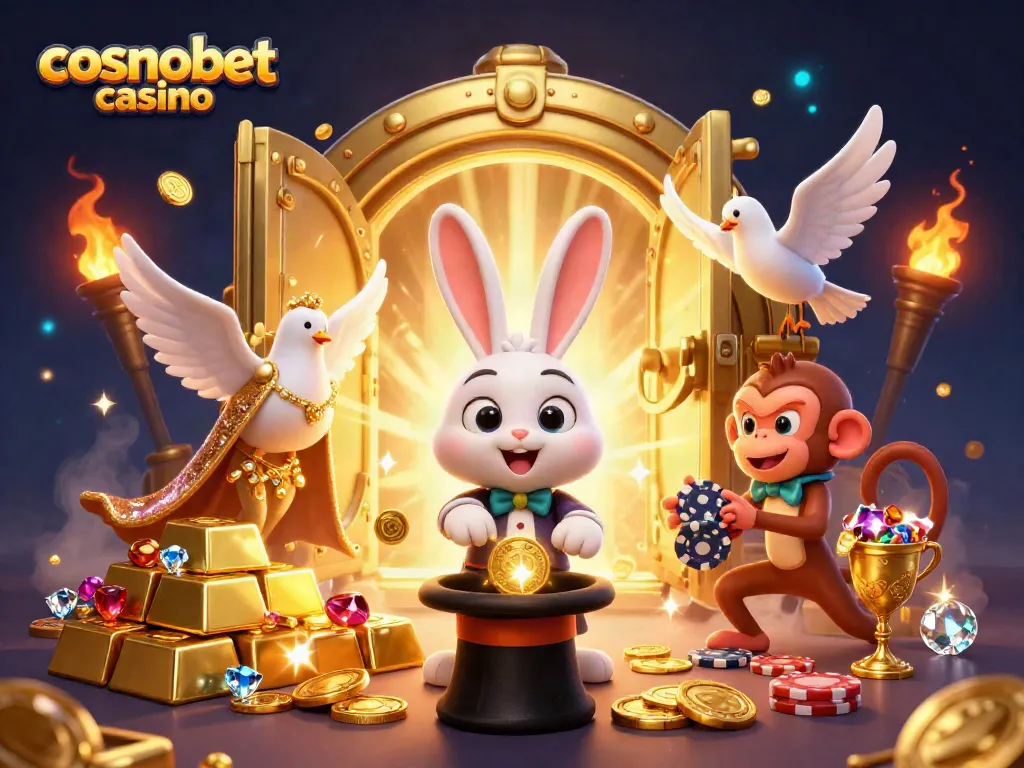 Experience the excitement at Cosmobet Casino with golden coins, poker chips, and a dynamic casino scene.