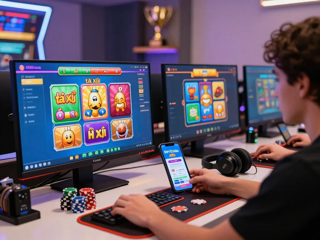 Exciting scene of a gamer engaging with tải hitclub on multiple screens, showcasing vibrant casino graphics.