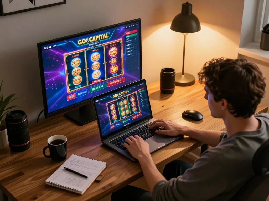 Engaged player enjoying an online game at GO8 CAPITAL casino, showcasing vibrant slot interface and cozy home setup.