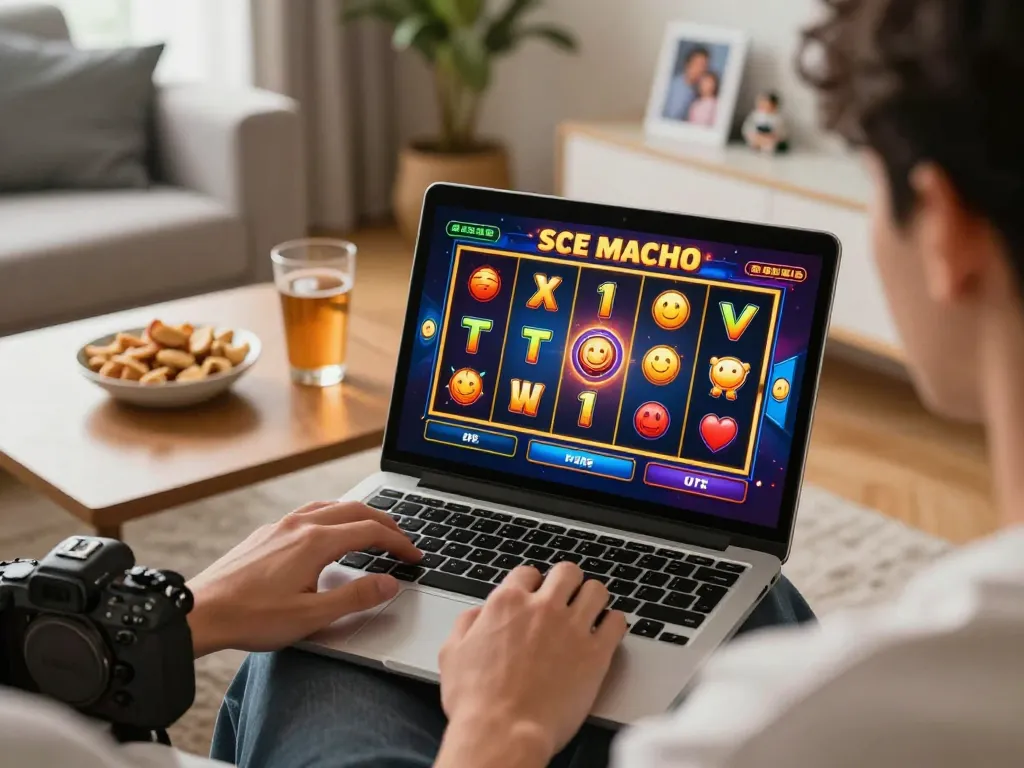 Engaged player enjoying Slot Malaysia online, vibrant slot game reels displayed on laptop in cozy home setting.