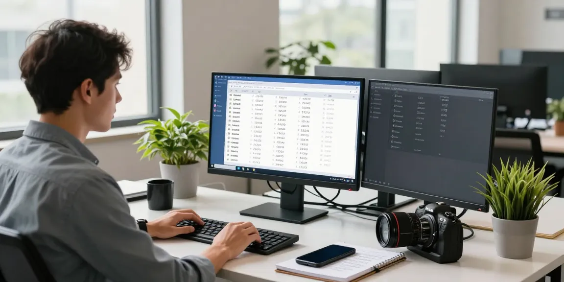 Check telephone number on a computer in a modern office setting with multiple data displays.