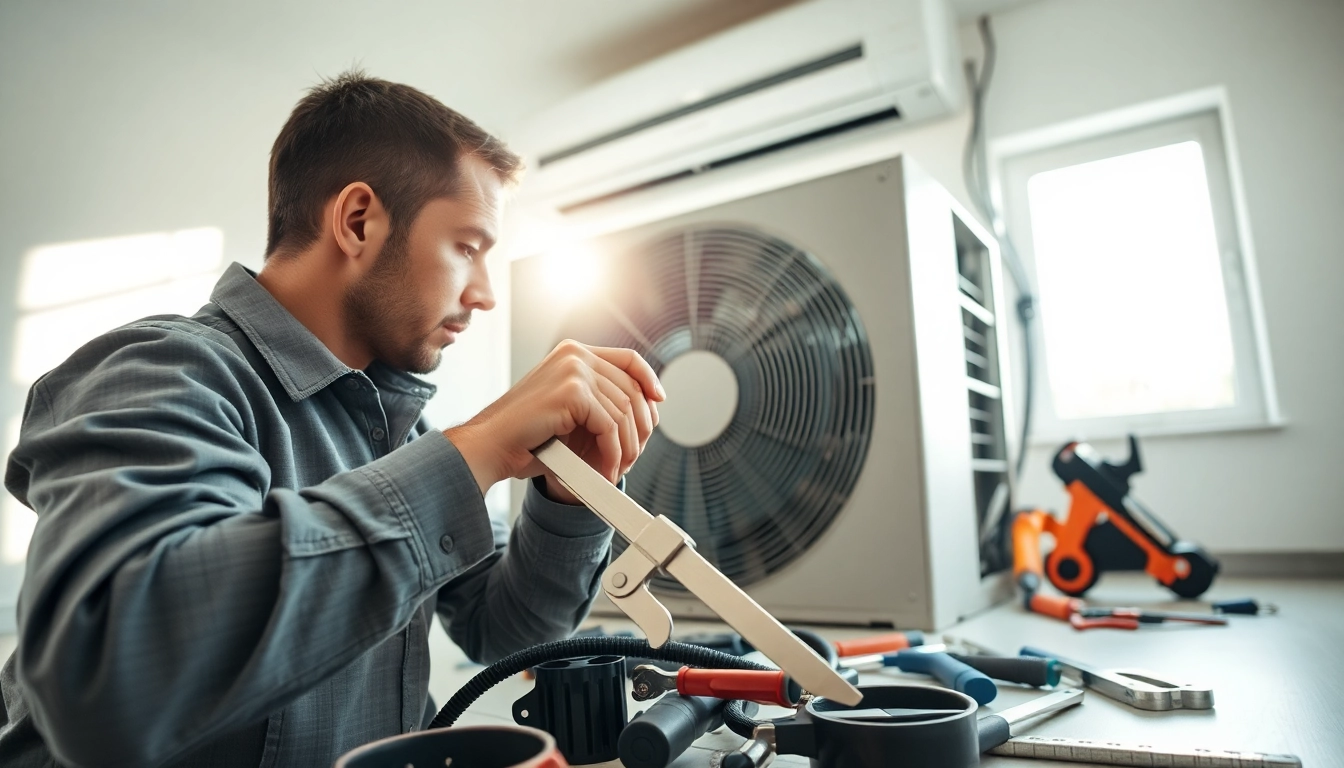 AC Repair Tampa expert fixing an air conditioning system with precision in a bright setting.