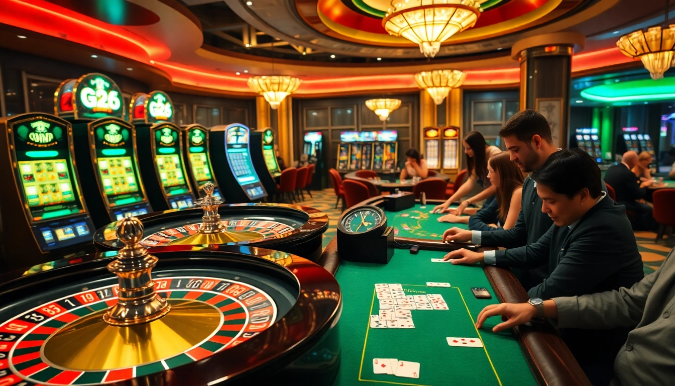 G28 casino floor bustling with excitement, players engaging at roulette and poker tables.