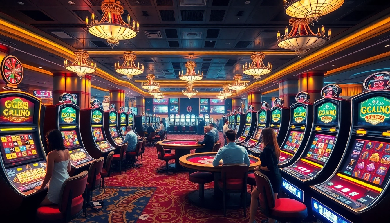 Experience the excitement of GG88 slot Link with vibrant casino visuals featuring slot machines and dynamic gaming atmosphere.