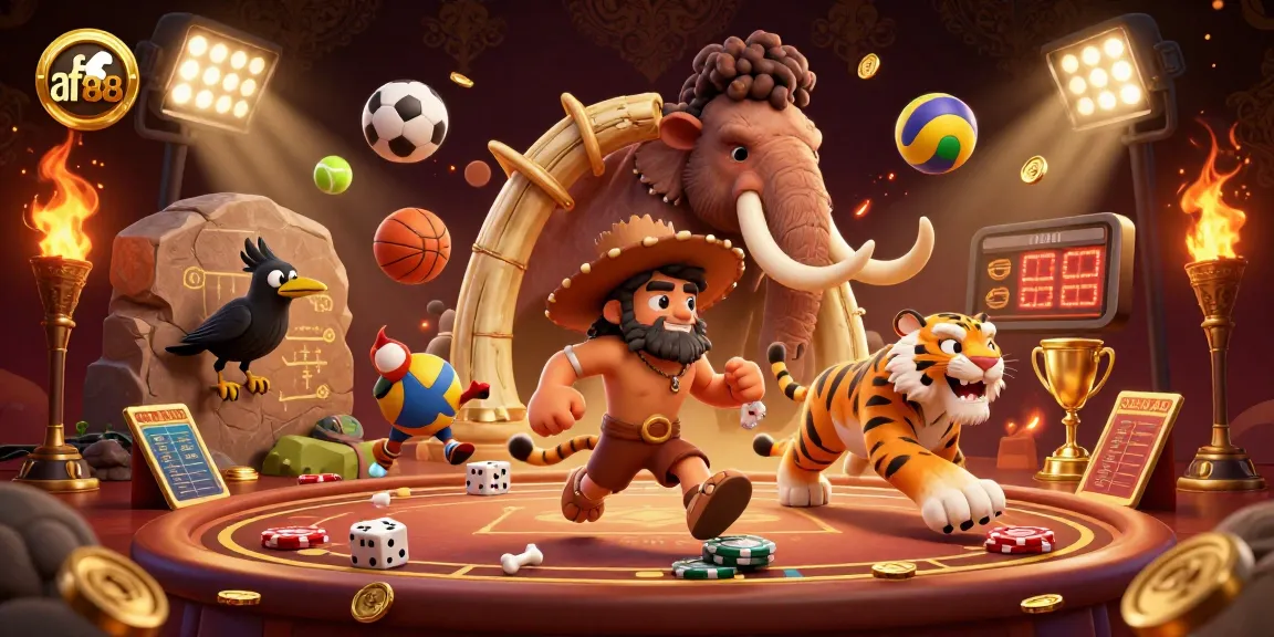 Experience exciting wins with af88 in a vibrant prehistoric casino scene filled with sports elements.