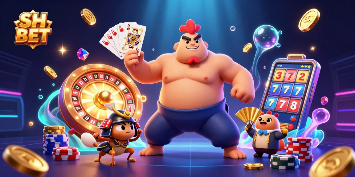 Experience the thrill of SH BET casino with vivid characters and exciting gaming elements flying around.