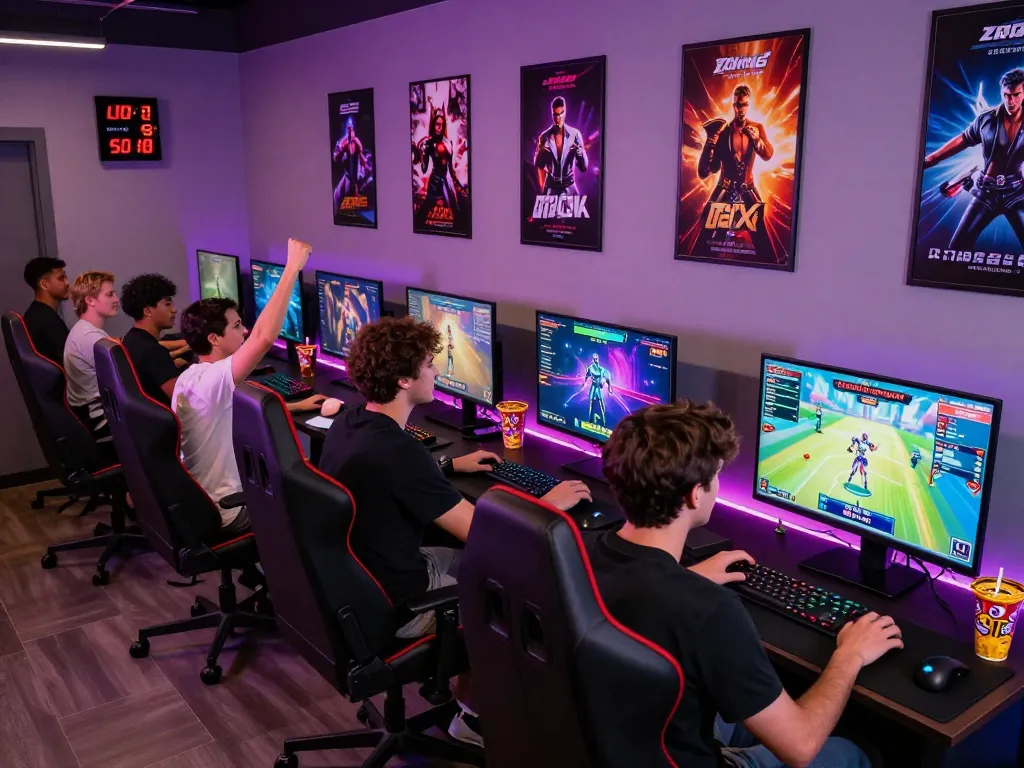 Group of friends playing exciting sex games online in a vibrant gaming lounge atmosphere.