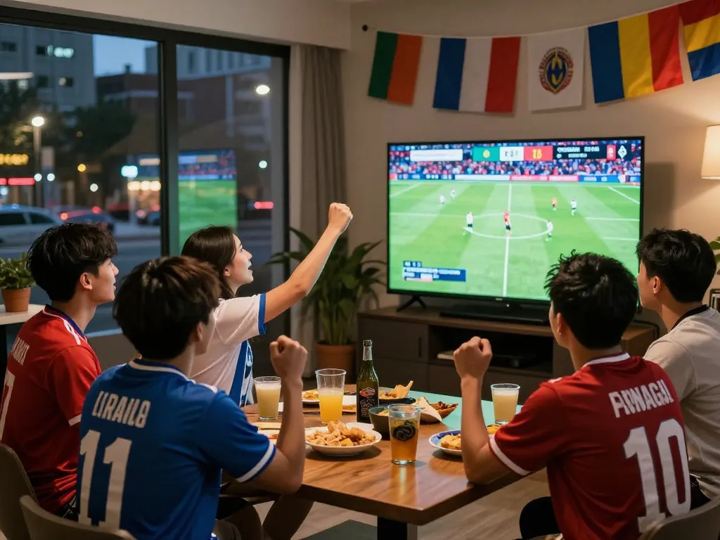 Friends enjoying a lively watch party for football updates on NOWGOAL, celebrating team spirit with snacks and drinks.