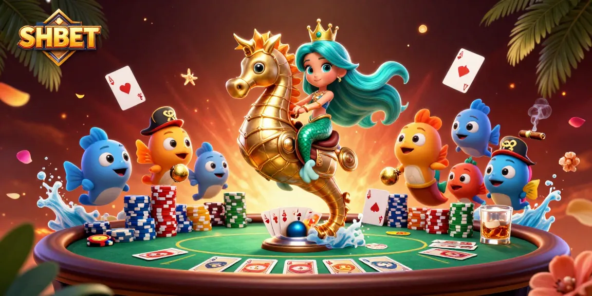 Experience exciting plays at SHBET with a mermaid princess, poker chips, and vibrant ocean elements.
