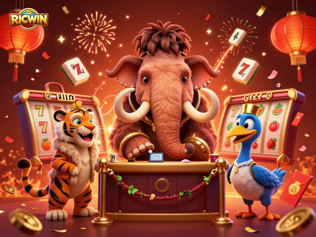 Experience RICWIN in this vibrant casino illustration with exciting characters and festive elements.