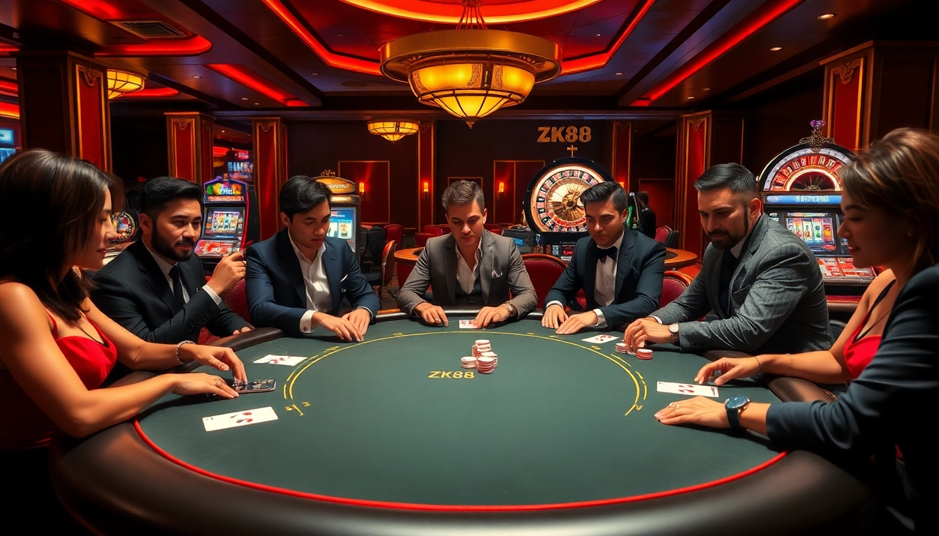ZK88 Club's upscale gaming atmosphere with poker table action and excitement.