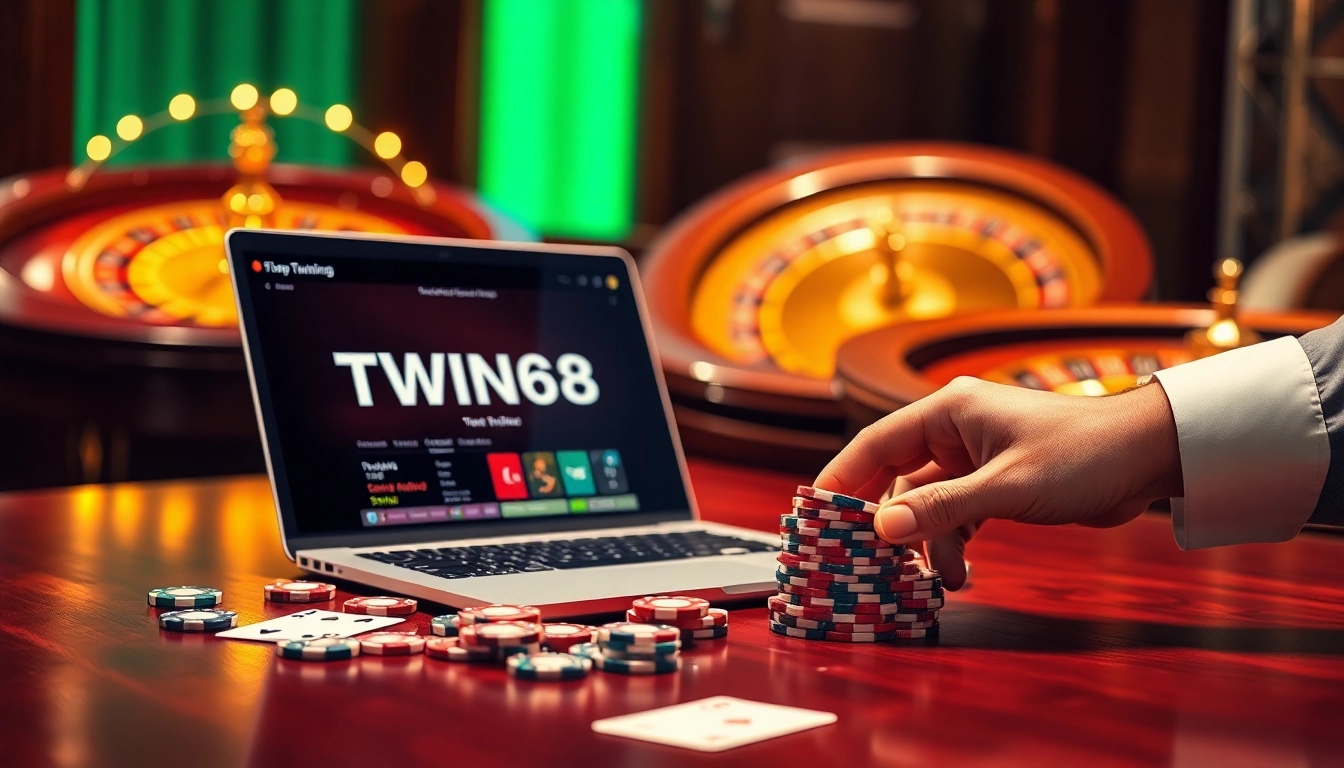TWIN68 online casino scene with poker chips, playing cards, and a roulette wheel in a luxurious setting.