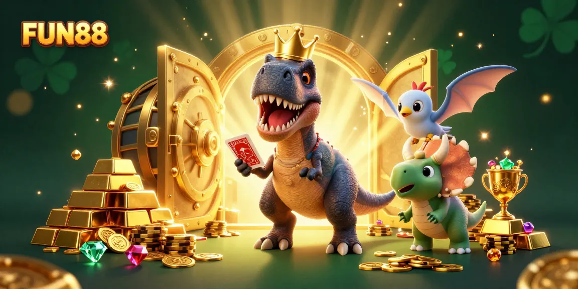 Experience FUN88's thrilling casino atmosphere with a T-Rex and friends playing cards and stacking chips.