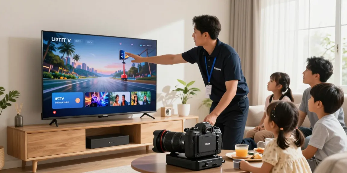 Trusted IPTV Services provider setting up equipment for a family in their home, showcasing local services.