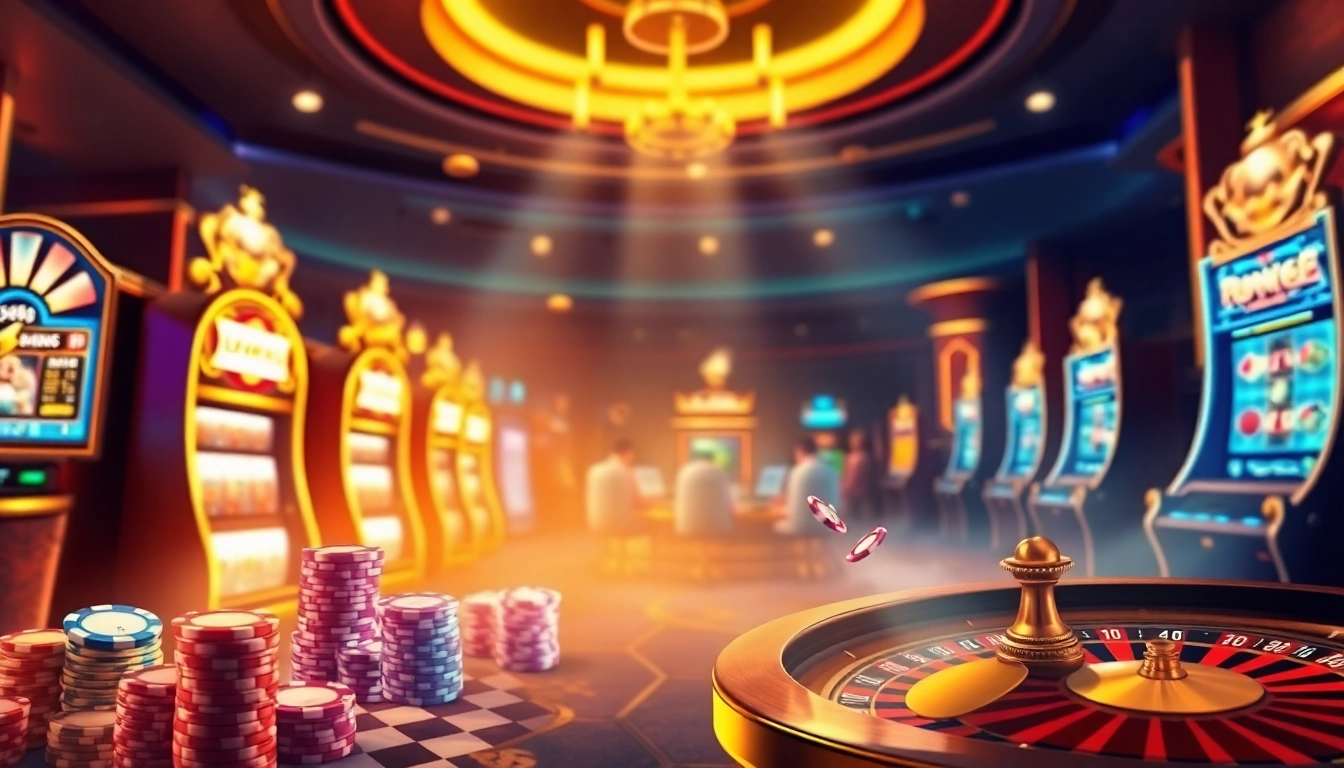 A thrilling casino atmosphere featuring online gambling elements, enhancing the excitement of win55 com betting experience.