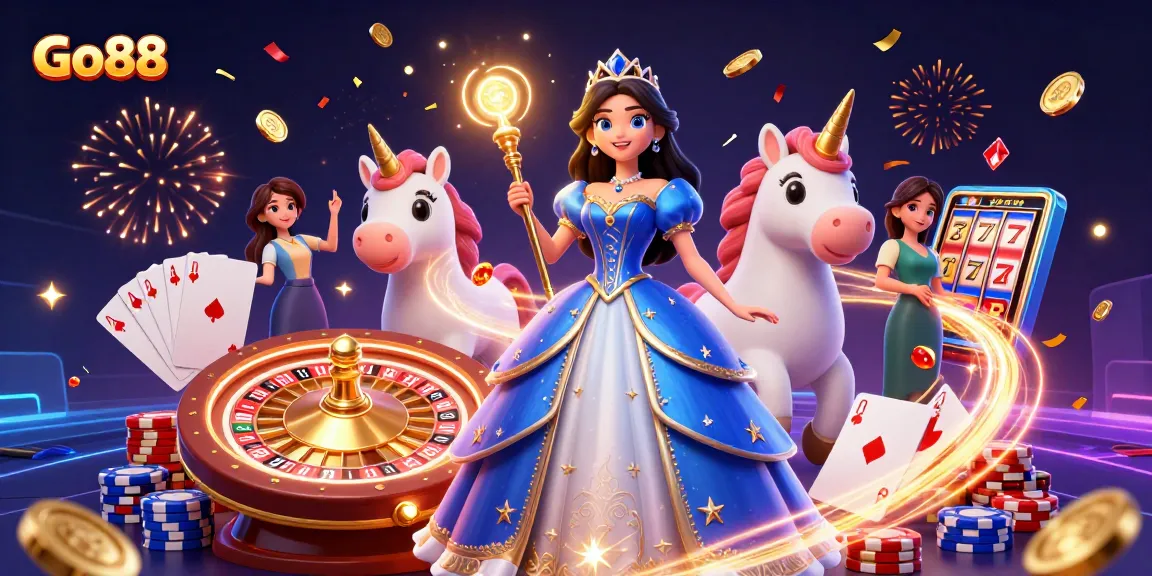 Experience the magic of Go88 with enchanting visuals of a casino scene featuring a glamorous woman and unicorn.