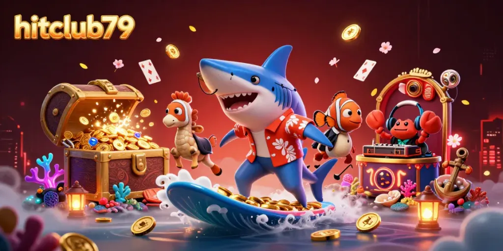 Hitclub79 shines with vibrant gaming elements as a shark surfs coins, showcasing thrilling casino fun.