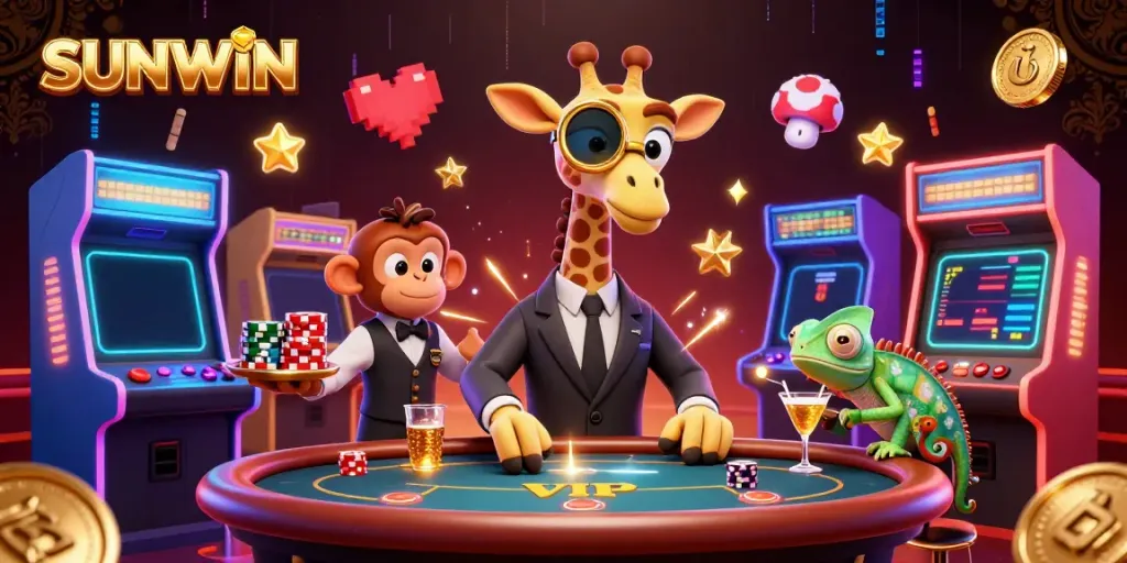 Experience the thrill of SUNWIN with a high-roller giraffe at a VIP poker table, surrounded by vibrant game elements.