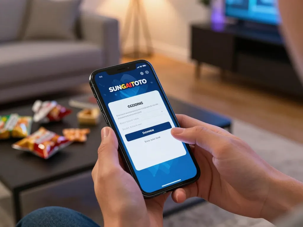 sungaitoto login on mobile device while betting in a cozy living room setting with snacks