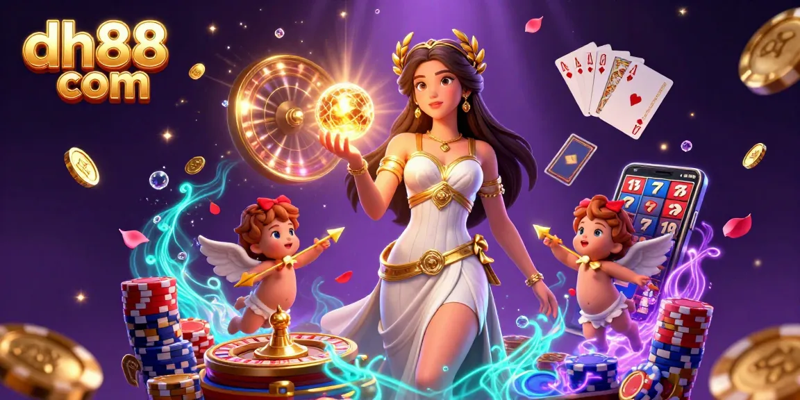 Experience thrilling moments at dh88 com with a captivating 3D casino illustration featuring lucky symbols and energetic characters.