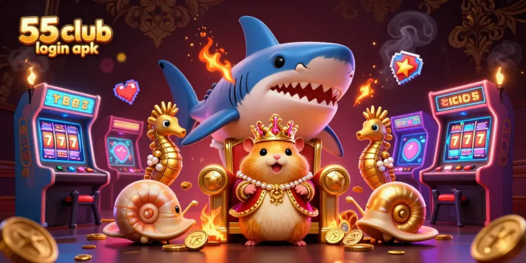 Experience thrilling games with the 55 club login apk, featuring a regal hamster and dynamic casino elements.