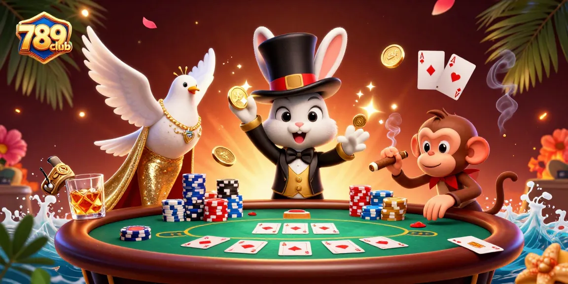 Exciting scene with 789club's magician rabbit and friends captivating players at a poker table.