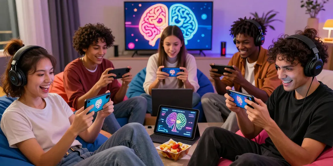 Diverse players enjoying mind control hentai games on mobile devices in a cozy gaming space.