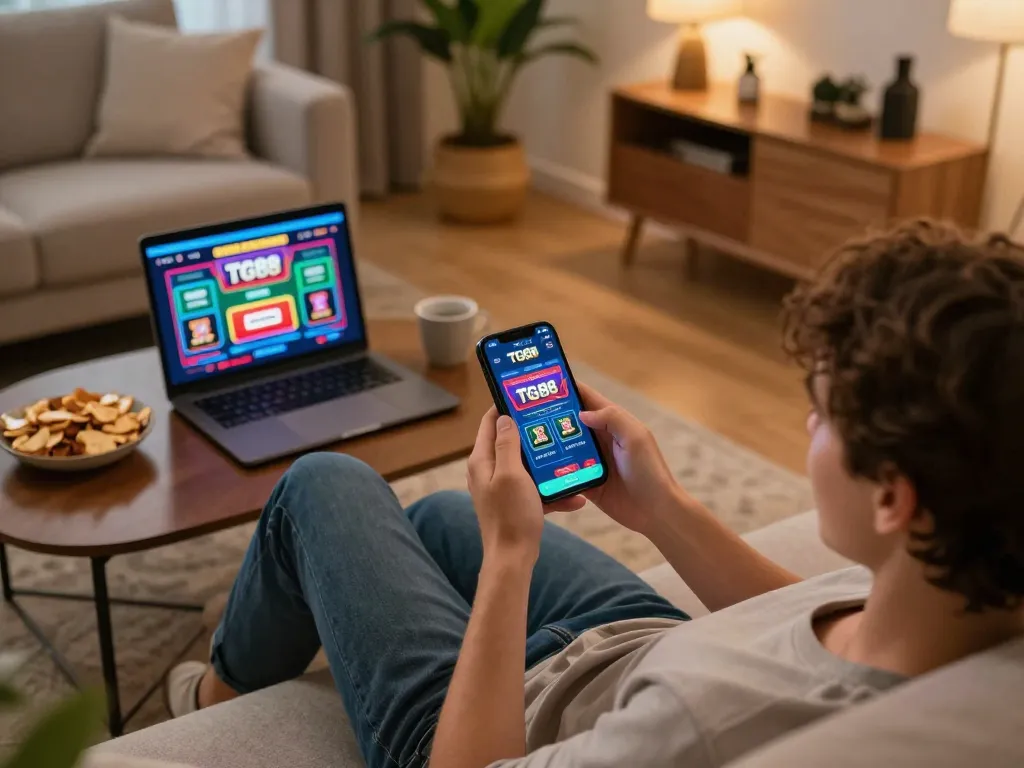 TG88 casino app displayed on smartphone, person engaged in online gambling at home, creating a cozy gaming atmosphere.
