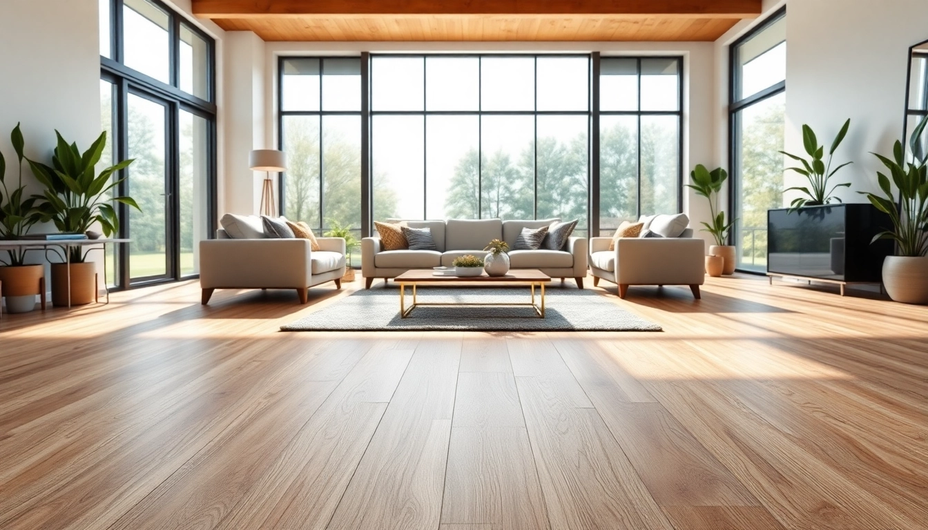 Stylish living room showcasing vinyl plank flooring with natural light and modern decor.