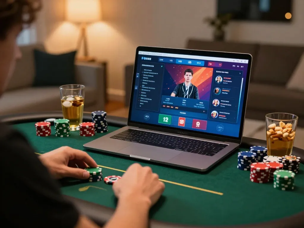 Engaging in poker gameplay using 789WIN, showcasing focus on online strategy with vibrant graphics