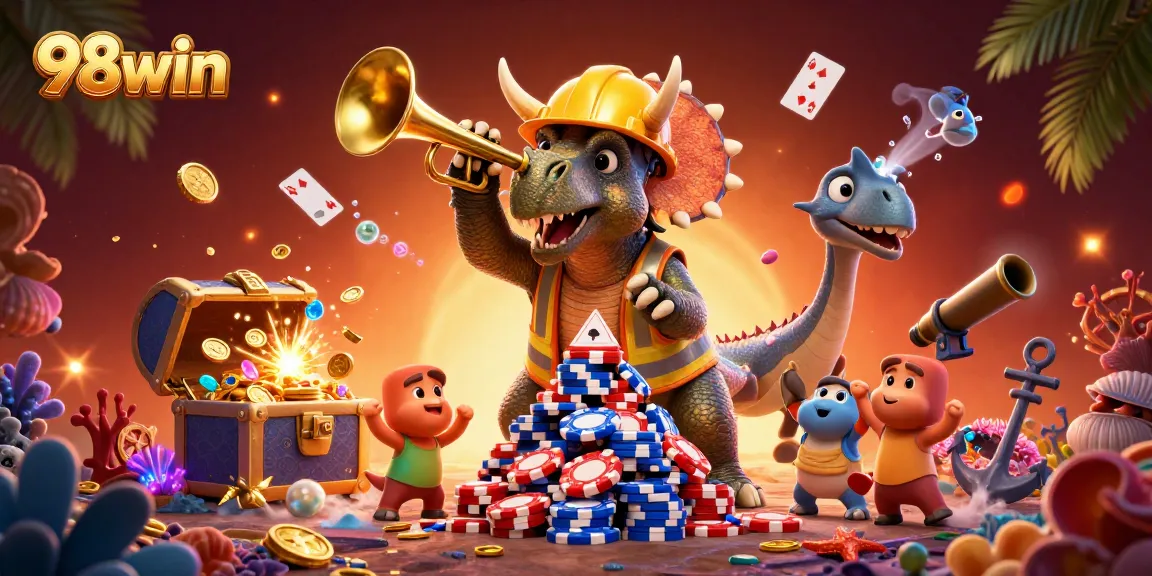 Experience the excitement of 98win as a triceratops builds poker chip pyramids, surrounded by underwater treasures.