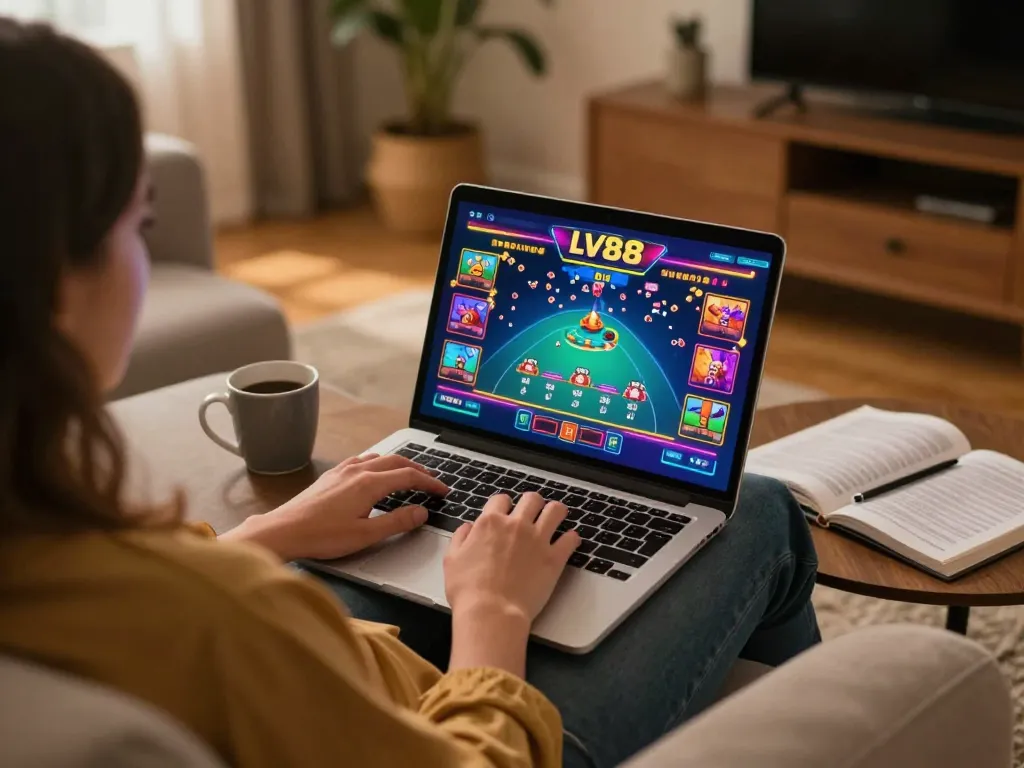 Player enjoying live dealer games at LV88 from a cozy home setup, showcasing strategic engagement in online gambling.