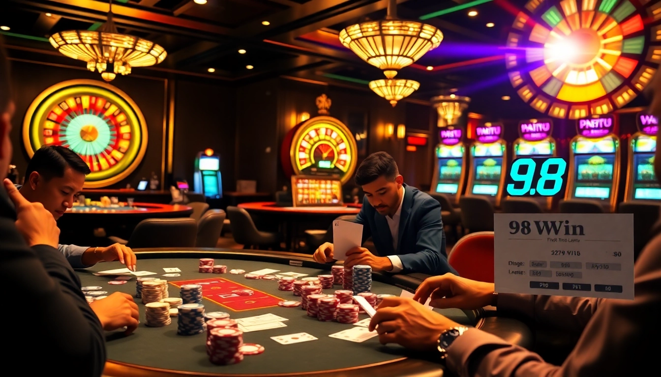 Players engaged in high-stakes poker at a luxurious casino, showcasing 98 win excitement.