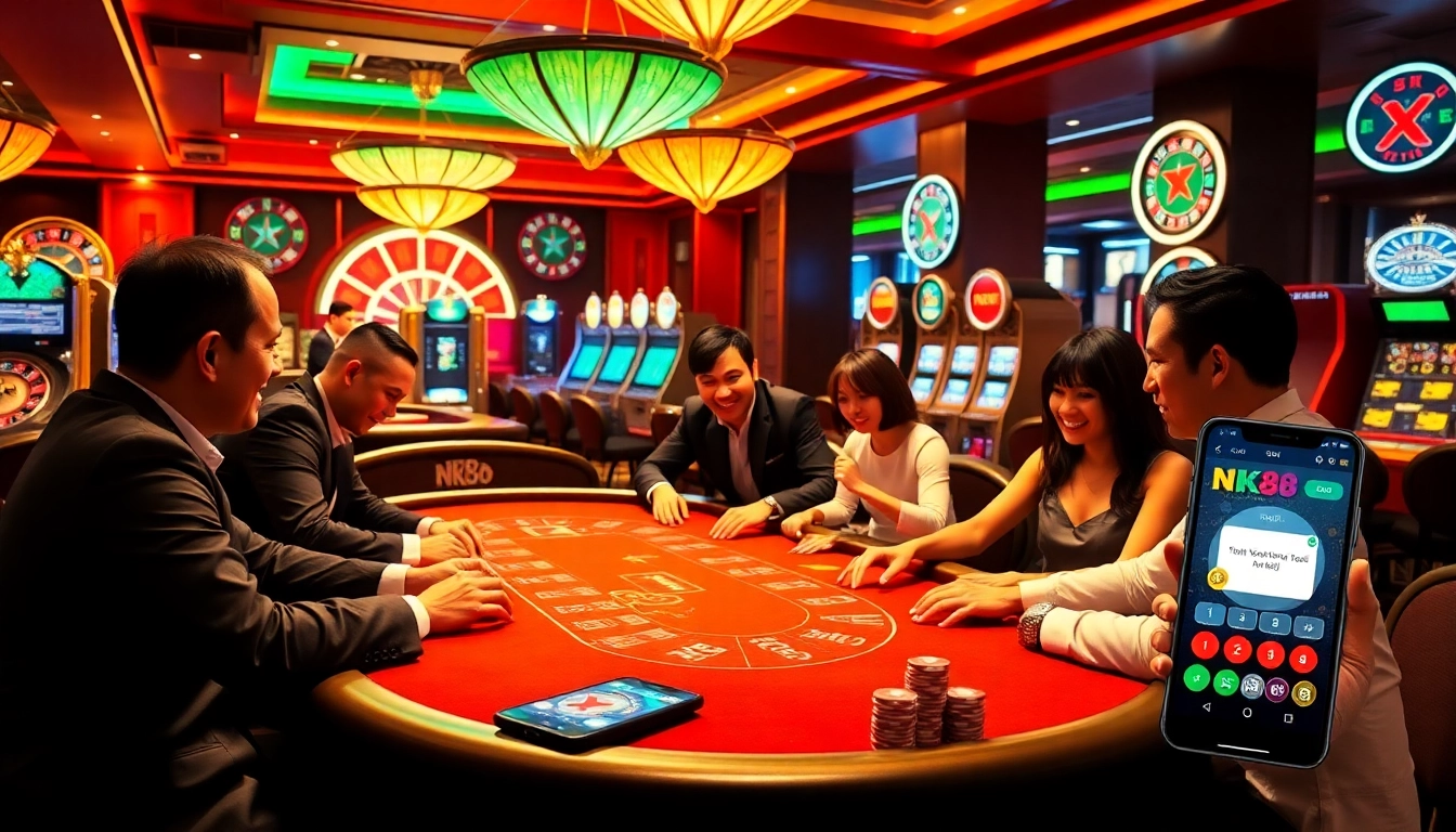 Winning strategies with the NK88 APP highlighted in a vibrant casino environment featuring tables and players.