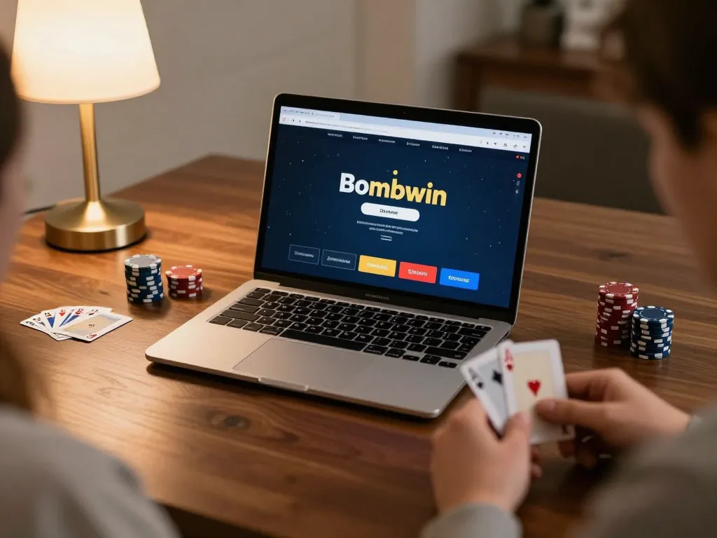 Bomwin online poker action with focused player holding cards in a cozy home setting