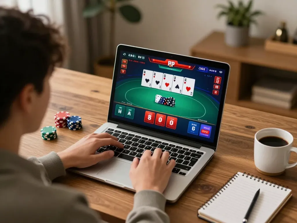 Experience the excitement of đăng ký SC88 while playing poker on a sleek laptop in a cozy home environment.