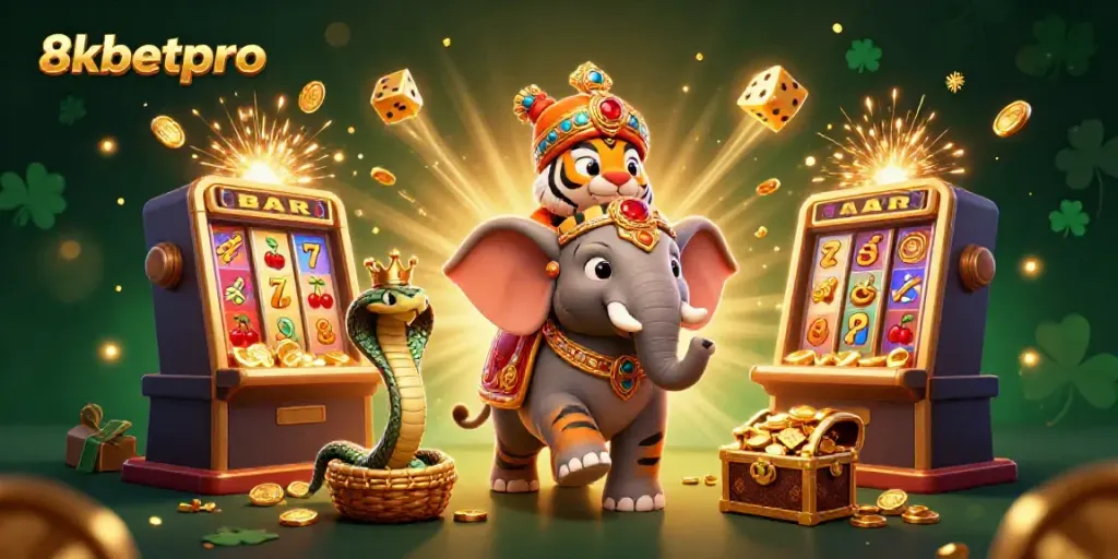 Experience the vibrant casino action with 8xbetpro showcasing a tiger maharaja and dynamic slot elements.