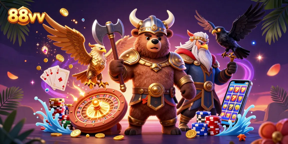 88vv unleashes thrilling casino adventures with Viking bear and Valkyrie eagle amidst cascading riches.
