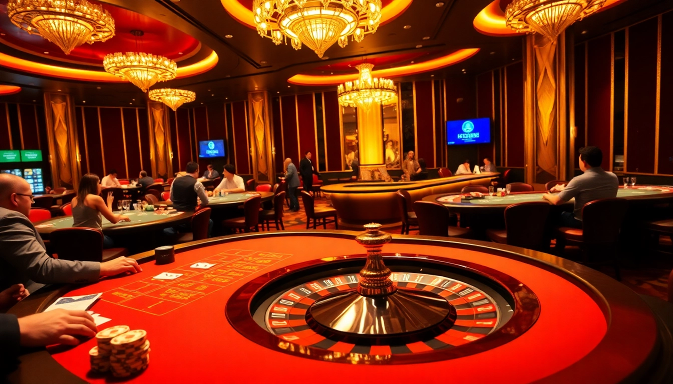 Experience thrilling gameplay at https://sky88sa.com/ with vibrant casino tables showcasing poker chips and cards.