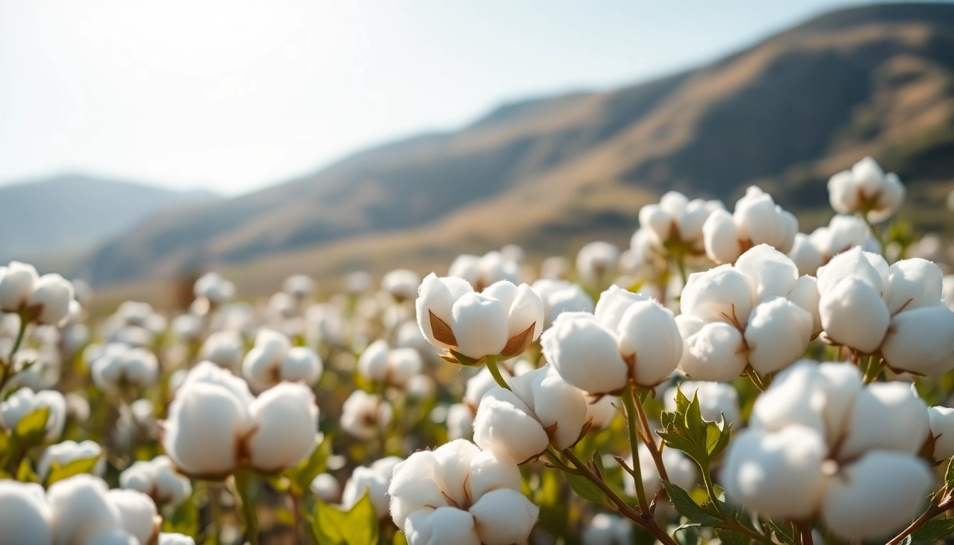 Katoenvelden met fluffy katoenplanten onder een heldere lucht.