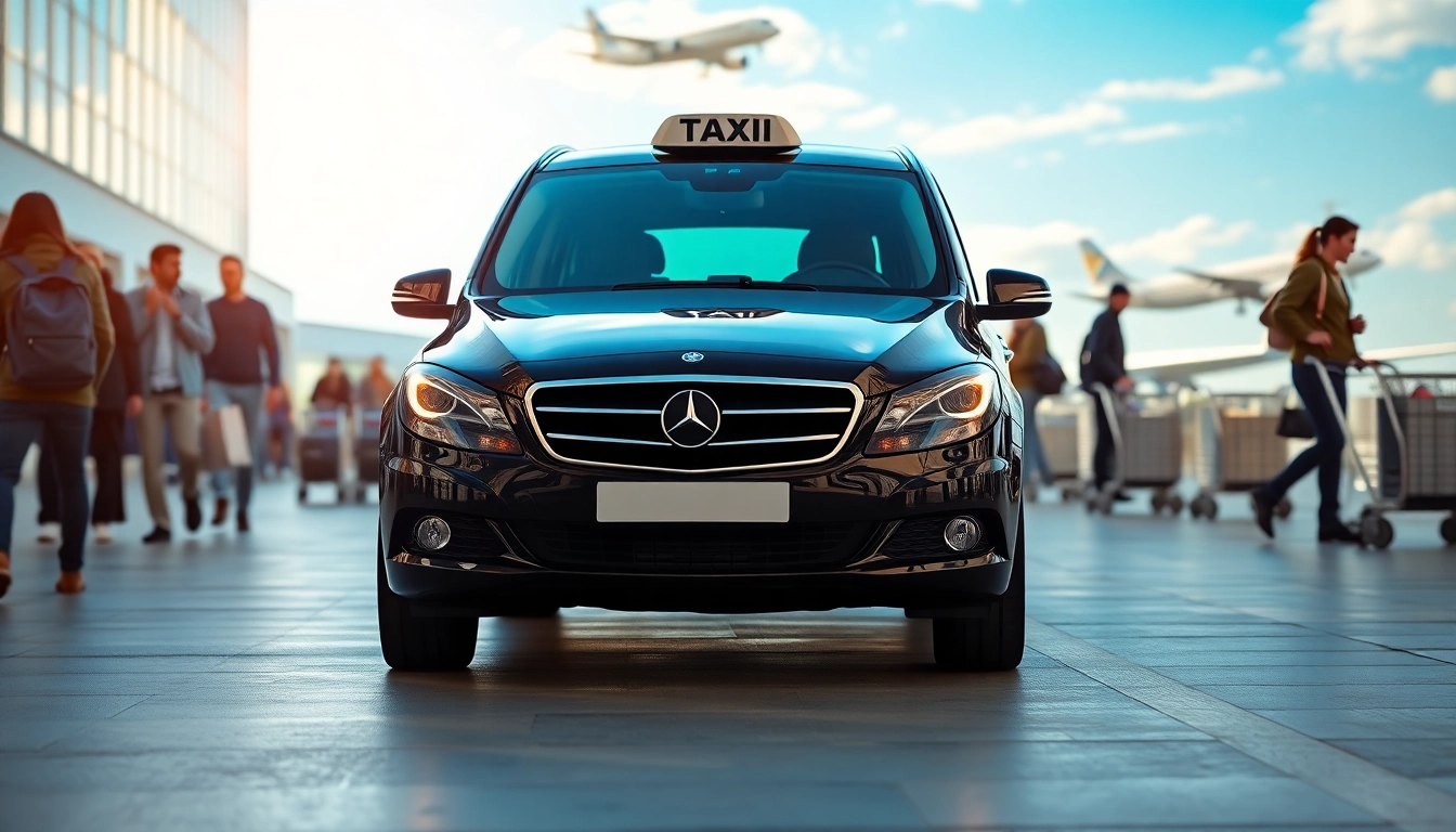 Taxi service connecting Heathrow, Gatwick airports with a modern vehicle amidst bustling travelers.