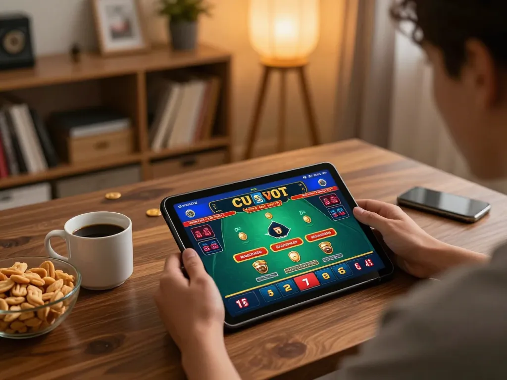 Engaged in online gaming with sv66 casino app on tablet, cozy home setting.