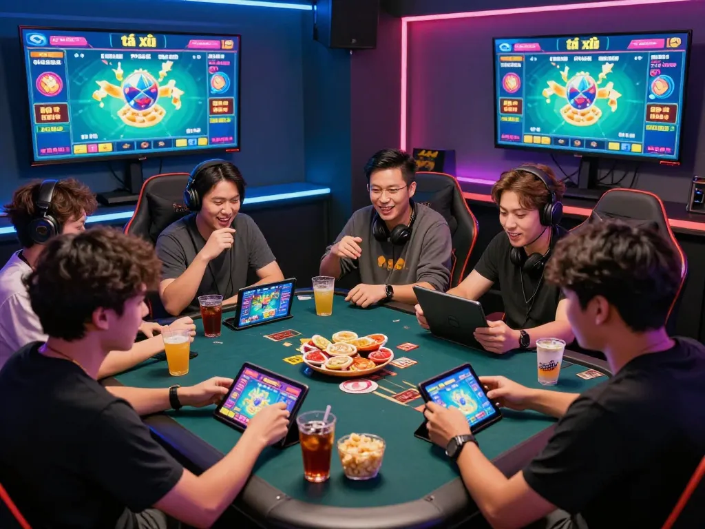 Excited players enjoying tài xỉu online in a lively gaming environment with colorful displays and snacks.