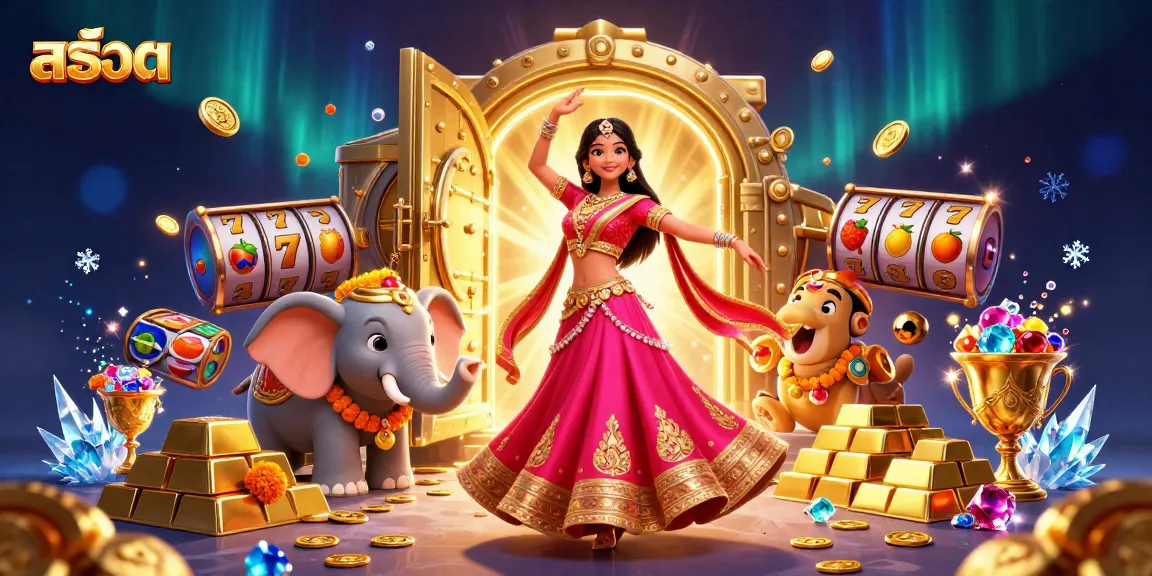 Spin the slot reels with excitement at สล็อต, featuring a vibrant woman and a bejeweled elephant.